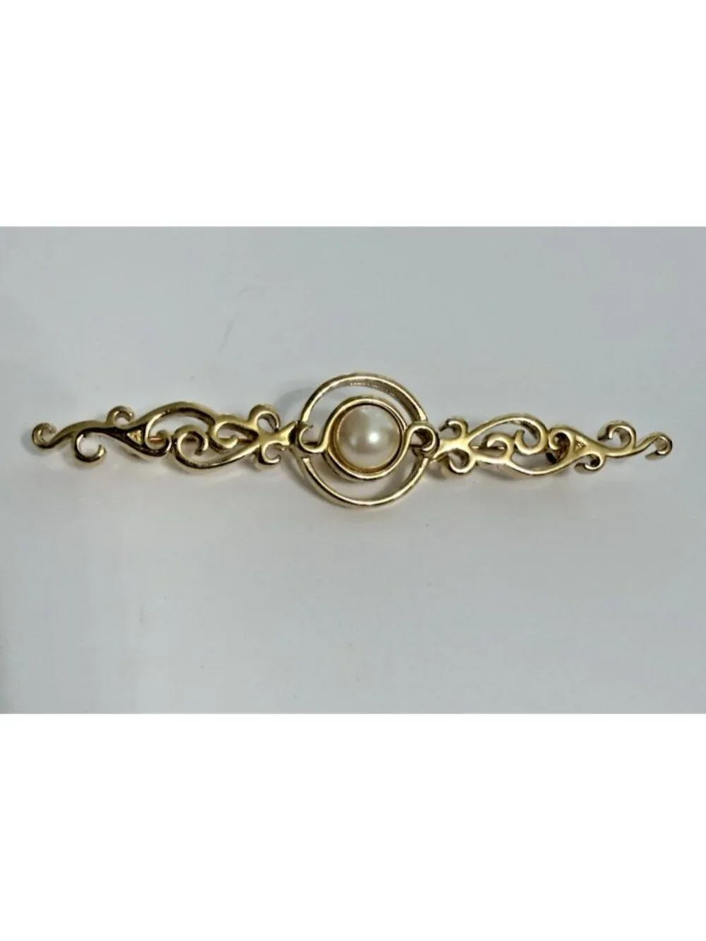 Vintage Monet Scrollwork Brooch Bar Pin Ornate Curls Gold Tone Faux Pearl Signed